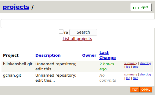 Página índice do gitweb